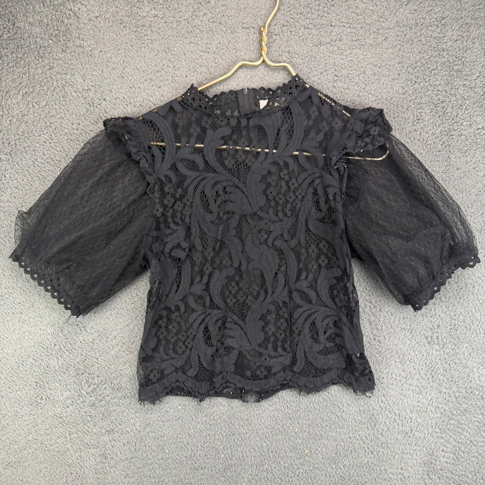 Peach Black Lace Puff Sleeve Mock Neck Blouse Top Women Large Gothic Victorian
